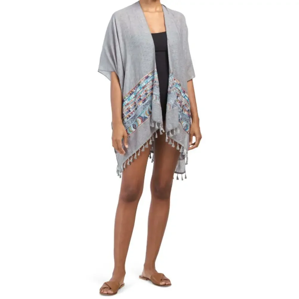 New! RAJ Aztec Embroidered Tassel Trim Beach Cover-up Boho Kimono Shawl Wrap